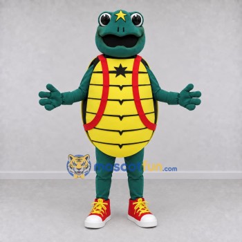 Custom Teal and Yellow Turtle Character with a Star Shell Mascot Costume Adult Full Body Suit for School Events Custom Teal and Yellow Turtle Character with a Star Shell Mascot Costume Adult Full Body Suit for School Events