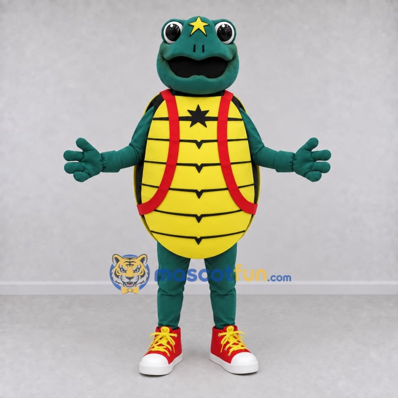 Custom Teal and Yellow Turtle Character with a Star Shell Mascot Costume Adult Full Body Suit for School Events Custom Teal and Yellow Turtle Character with a Star Shell Mascot Costume Adult Full Body Suit for School Events