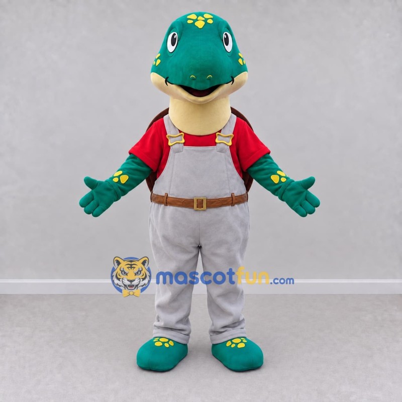 Custom Teal and Red Turtle in Overalls Mascot Costume Adult Full Body Suit for School Events Custom Teal and Red Turtle in Overalls Mascot Costume Adult Full Body Suit for School Events