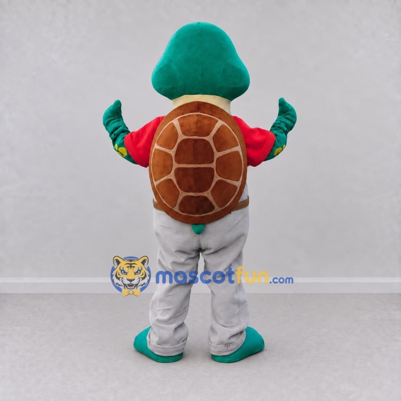 Custom Teal and Red Turtle in Overalls Mascot Costume Adult Full Body Suit for School Events Custom Teal and Red Turtle in Overalls Mascot Costume Adult Full Body Suit for School Events