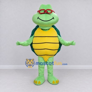 Custom Light Green and Yellow Turtle with Glasses Mascot Costume Adult Full Body Suit for School Events Custom Light Green and Yellow Turtle with Glasses Mascot Costume Adult Full Body Suit for School Events