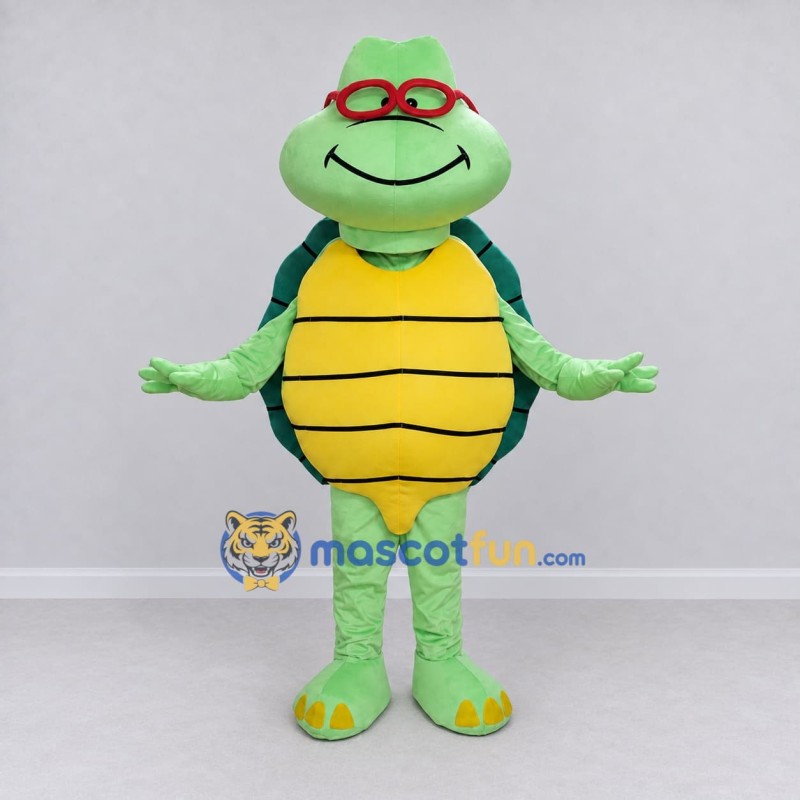 Custom Light Green and Yellow Turtle with Glasses Mascot Costume Adult Full Body Suit for School Events Custom Light Green and Yellow Turtle with Glasses Mascot Costume Adult Full Body Suit for School Events