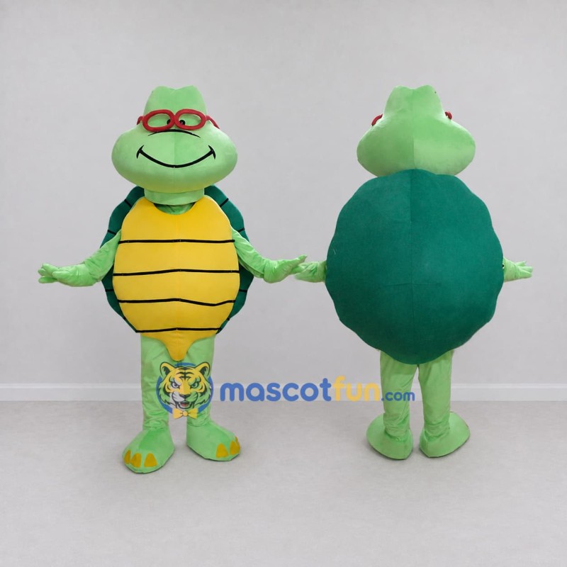 Custom Light Green and Yellow Turtle with Glasses Mascot Costume Adult Full Body Suit for School Events Custom Light Green and Yellow Turtle with Glasses Mascot Costume Adult Full Body Suit for School Events