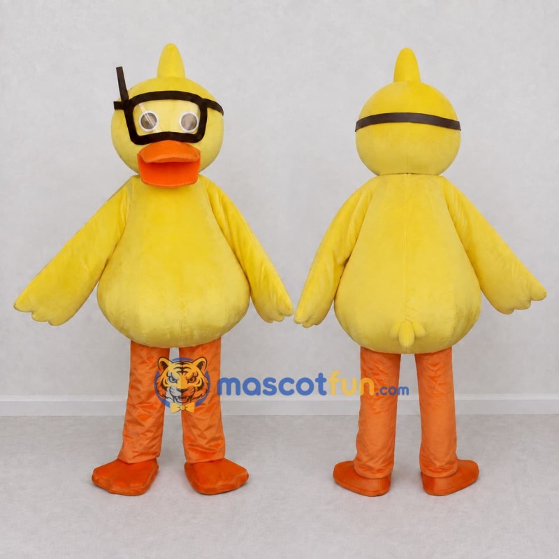 Custom Yellow and Orange Duck with a Snorkel Mask Mascot Costume Adult Full Body Suit for Summer Events Custom Yellow and Orange Duck with a Snorkel Mask Mascot Costume Adult Full Body Suit for Summer Events