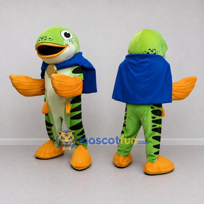 Custom Green and Blue Superhero Fish Character Mascot Costume Adult Full Body Suit for Theme Parties Custom Green and Blue Superhero Fish Character Mascot Costume Adult Full Body Suit for Theme Parties