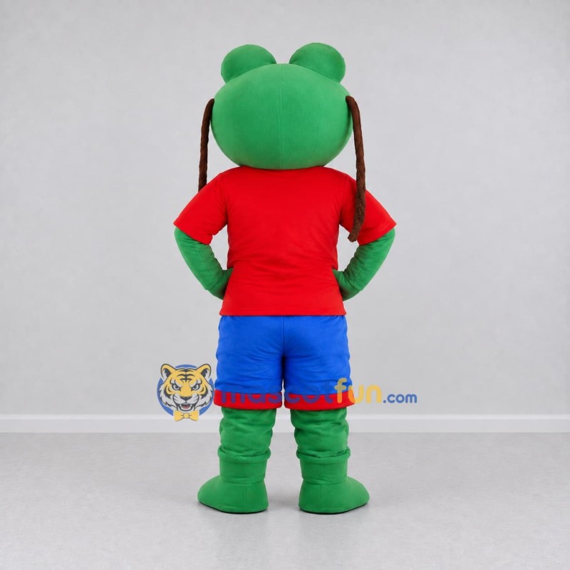 Custom Green and Red Frog in a Shirt and Shorts Mascot Costume Adult Full Body Suit for School Events Custom Green and Red Frog in a Shirt and Shorts Mascot Costume Adult Full Body Suit for School Events