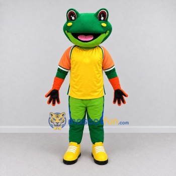 Custom Green and Yellow Frog in Sportswear Mascot Costume Adult Full Body Suit for Sports Events Custom Green and Yellow Frog in Sportswear Mascot Costume Adult Full Body Suit for Sports Events