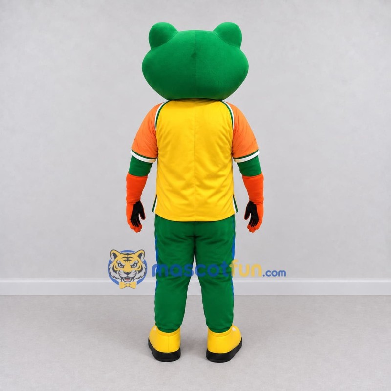 Custom Green and Yellow Frog in Sportswear Mascot Costume Adult Full Body Suit for Sports Events Custom Green and Yellow Frog in Sportswear Mascot Costume Adult Full Body Suit for Sports Events