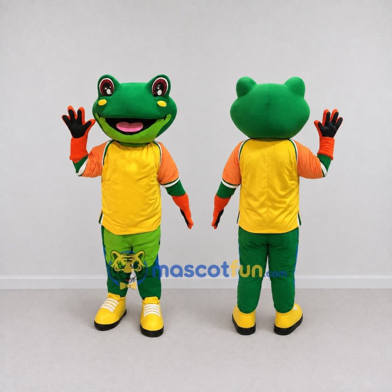 Custom Green and Yellow Frog in Sportswear Mascot Costume Adult Full Body Suit for Sports Events Custom Green and Yellow Frog in Sportswear Mascot Costume Adult Full Body Suit for Sports Events
