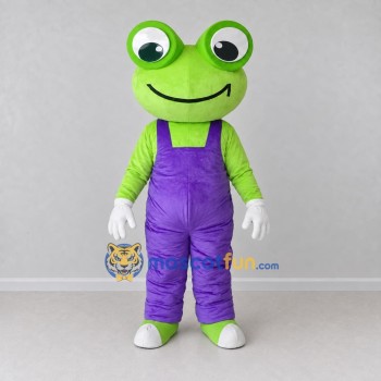 Custom Light Green and Purple Frog Character in Overalls Mascot Costume Adult Full Body Suit for School Events Custom Light Green and Purple Frog Character in Overalls Mascot Costume Adult Full Body Suit for School Events