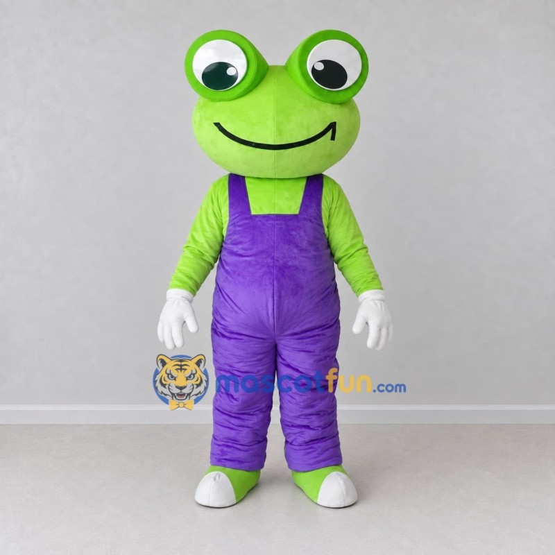 Custom Light Green and Purple Frog Character in Overalls Mascot Costume Adult Full Body Suit for School Events Custom Light Green and Purple Frog Character in Overalls Mascot Costume Adult Full Body Suit for School Events
