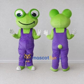 Custom Light Green and Purple Frog Character in Overalls Mascot Costume Adult Full Body Suit for School Events