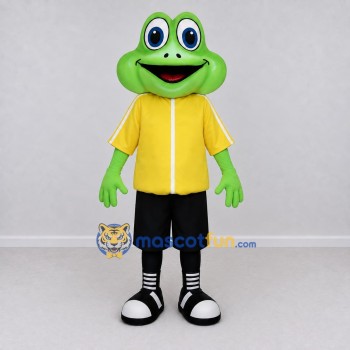 Custom Green and Yellow Frog in a Jacket and Shorts Mascot Costume Adult Full Body Suit for School Events