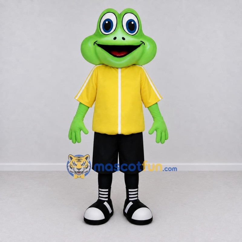 Custom Green and Yellow Frog in a Jacket and Shorts Mascot Costume Adult Full Body Suit for School Events Custom Green and Yellow Frog in a Jacket and Shorts Mascot Costume Adult Full Body Suit for School Events