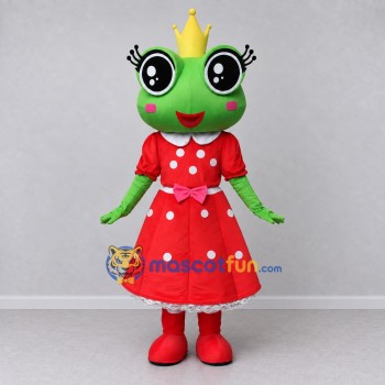 Custom Green and Red Frog Princess in a Polka Dot Dress Mascot Costume Adult Full Body Suit for Theme Parties Custom Green and Red Frog Princess in a Polka Dot Dress Mascot Costume Adult Full Body Suit for Theme Parties