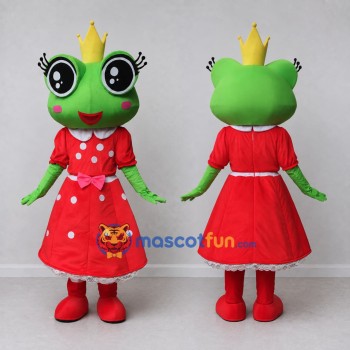 Custom Green and Red Frog Princess in a Polka Dot Dress Mascot Costume Adult Full Body Suit for Theme Parties