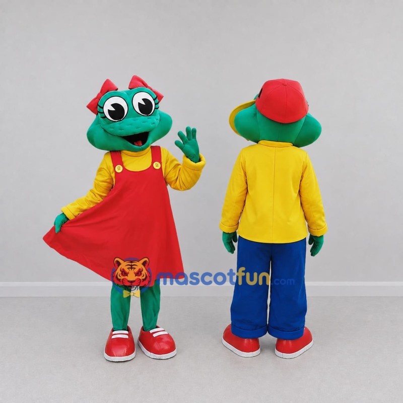 Custom Green and Red Frog Characters in Colorful Outfits Mascot Costume Adult Full Body Suit for School Events Custom Green and Red Frog Characters in Colorful Outfits Mascot Costume Adult Full Body Suit for School Events
