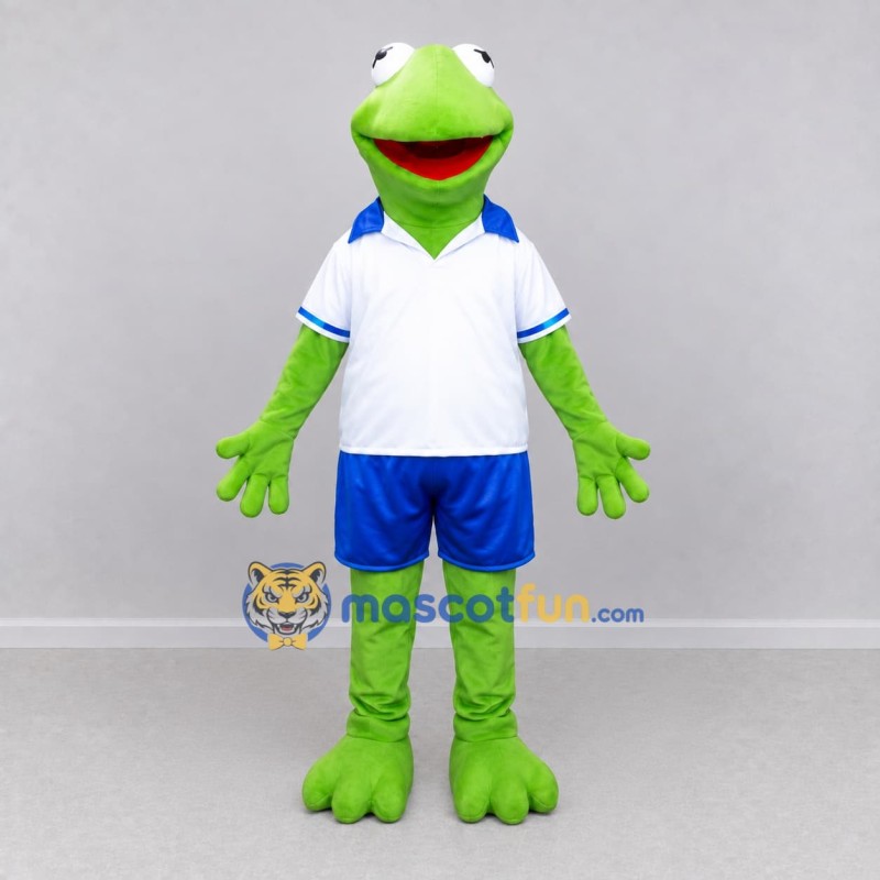 Custom Green and Blue Frog in Sportswear Mascot Costume Adult Full Body Suit for Sports Events Custom Green and Blue Frog in Sportswear Mascot Costume Adult Full Body Suit for Sports Events