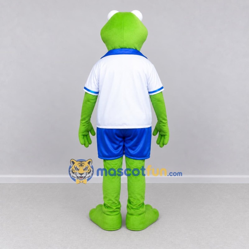 Custom Green and Blue Frog in Sportswear Mascot Costume Adult Full Body Suit for Sports Events Custom Green and Blue Frog in Sportswear Mascot Costume Adult Full Body Suit for Sports Events