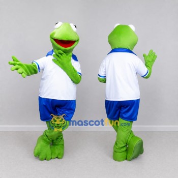 Custom Green and Blue Frog in Sportswear Mascot Costume Adult Full Body Suit for Sports Events