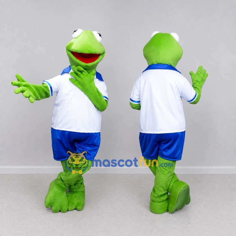 Custom Green and Blue Frog in Sportswear Mascot Costume Adult Full Body Suit for Sports Events Custom Green and Blue Frog in Sportswear Mascot Costume Adult Full Body Suit for Sports Events