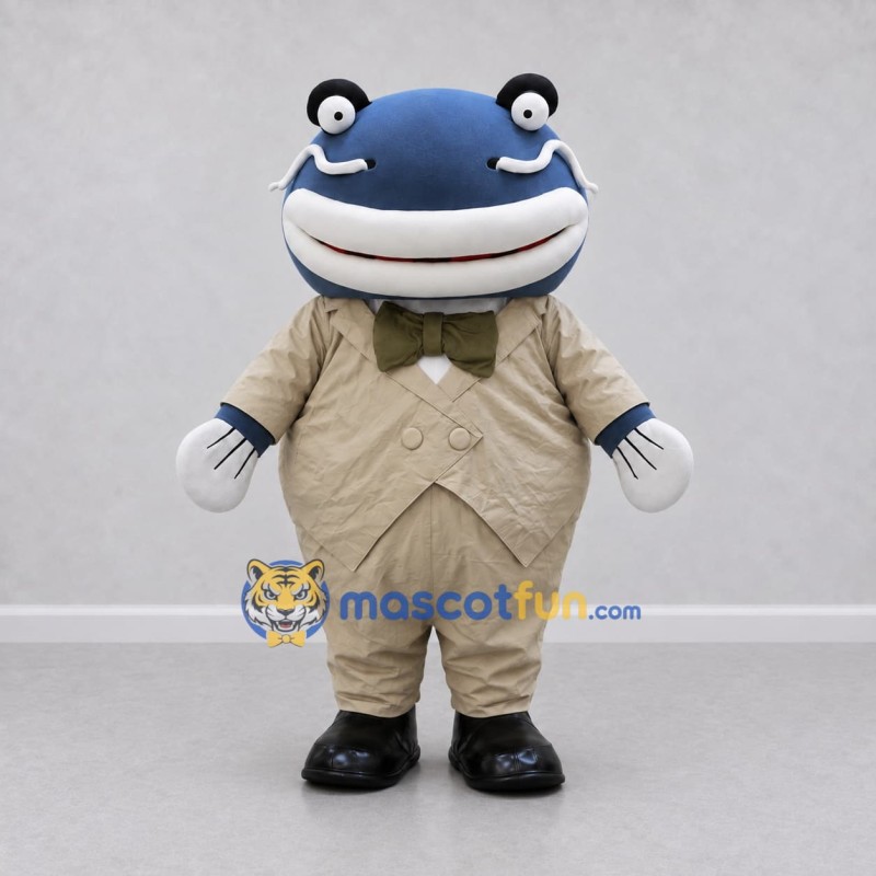 Custom Blue and Tan Fish Character in a Suit Mascot Costume Adult Full Body Suit for Theme Parties