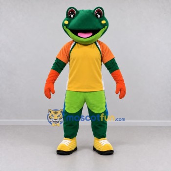 Custom Green and Yellow Frog in Sportswear Mascot Costume Adult Full Body Suit for Sports Events Custom Green and Yellow Frog in Sportswear Mascot Costume Adult Full Body Suit for Sports Events
