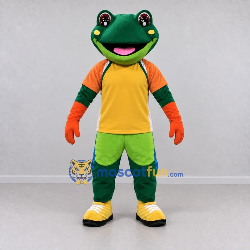 Custom Green and Yellow Frog in Sportswear Mascot Costume Adult Full Body Suit for Sports Events Custom Green and Yellow Frog in Sportswear Mascot Costume Adult Full Body Suit for Sports Events