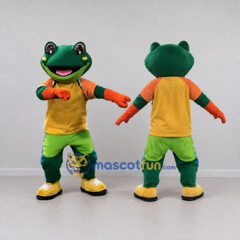 Custom Green and Yellow Frog in Sportswear Mascot Costume Adult Full Body Suit for Sports Events