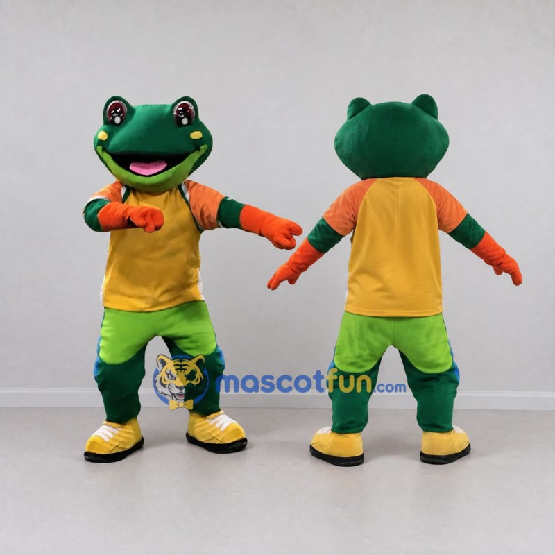 Custom Green and Yellow Frog in Sportswear Mascot Costume Adult Full Body Suit for Sports Events Custom Green and Yellow Frog in Sportswear Mascot Costume Adult Full Body Suit for Sports Events