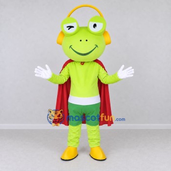 Custom Light Green and Red Superhero Frog with Headphones Mascot Costume Adult Full Body Suit for Theme Parties