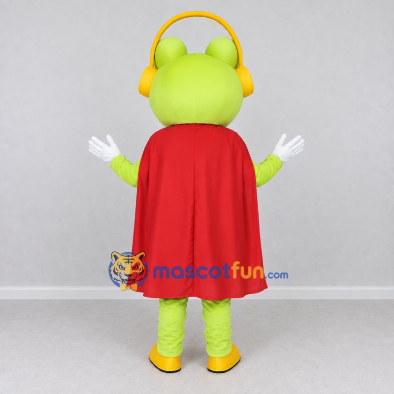 Custom Light Green and Red Superhero Frog with Headphones Mascot Costume Adult Full Body Suit for Theme Parties Custom Light Green and Red Superhero Frog with Headphones Mascot Costume Adult Full Body Suit for Theme Parties