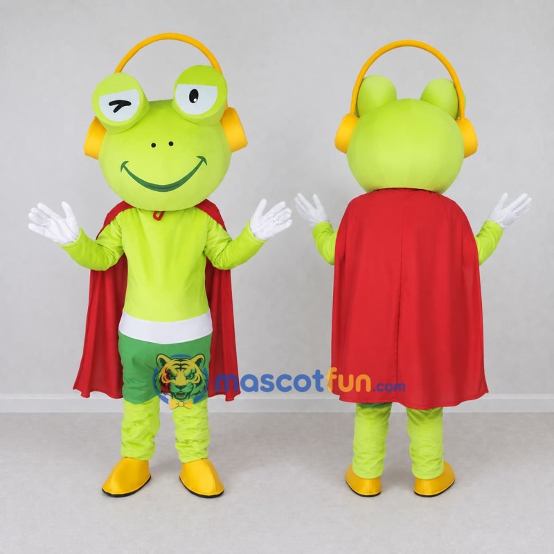 Custom Light Green and Red Superhero Frog with Headphones Mascot Costume Adult Full Body Suit for Theme Parties Custom Light Green and Red Superhero Frog with Headphones Mascot Costume Adult Full Body Suit for Theme Parties