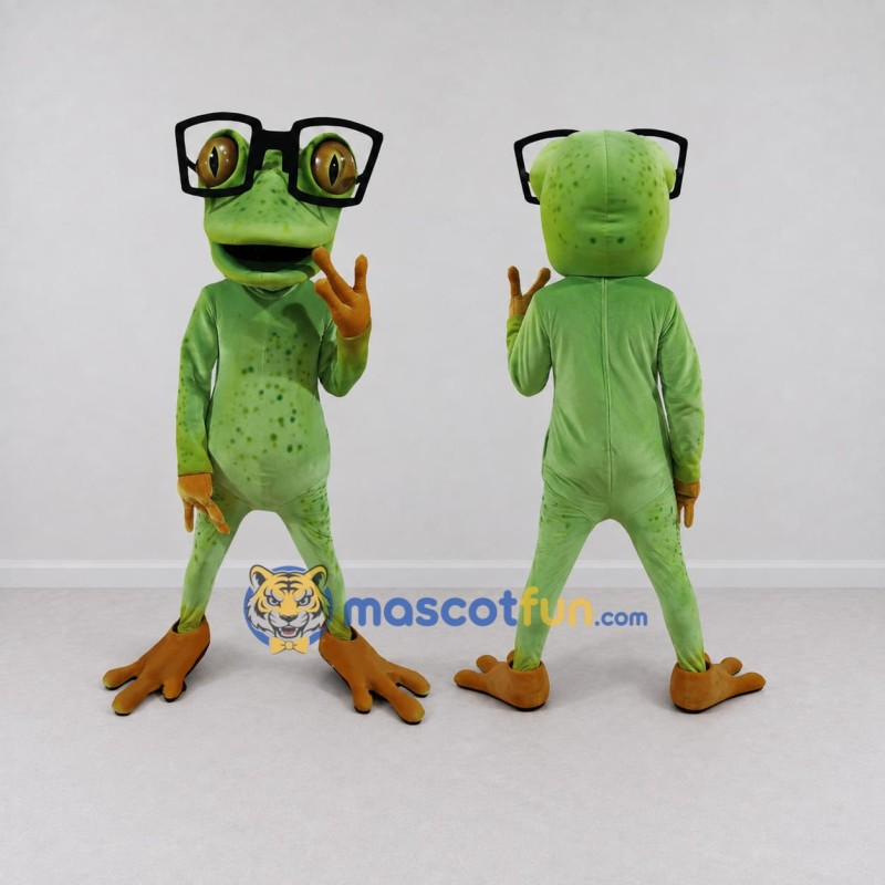 Custom Green and Orange Frog with Glasses Mascot Costume Adult Full Body Suit for School Events Custom Green and Orange Frog with Glasses Mascot Costume Adult Full Body Suit for School Events