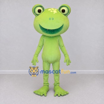 Custom Light Green Frog Character with a Flower Detail Mascot Costume Adult Full Body Suit for School Events Custom Light Green Frog Character with a Flower Detail Mascot Costume Adult Full Body Suit for School Events
