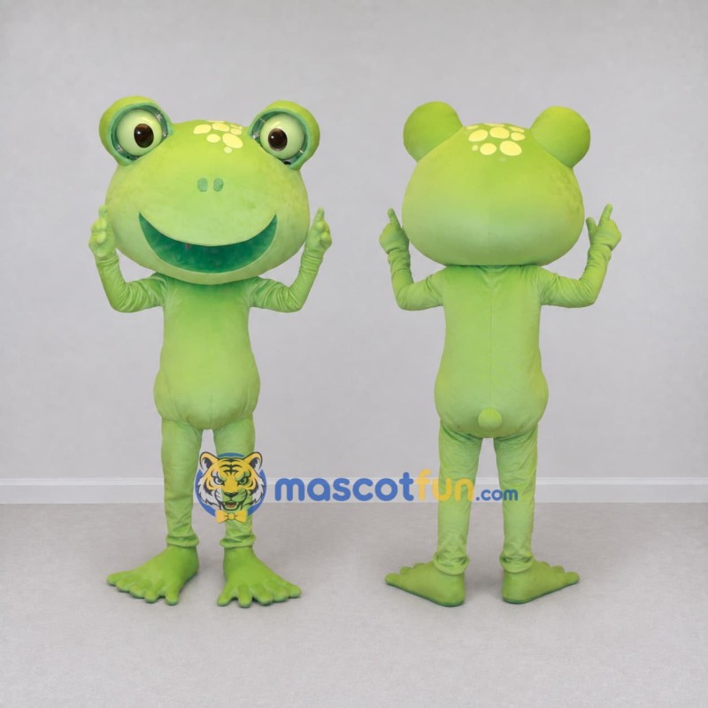 Custom Light Green Frog Character with a Flower Detail Mascot Costume Adult Full Body Suit for School Events Custom Light Green Frog Character with a Flower Detail Mascot Costume Adult Full Body Suit for School Events