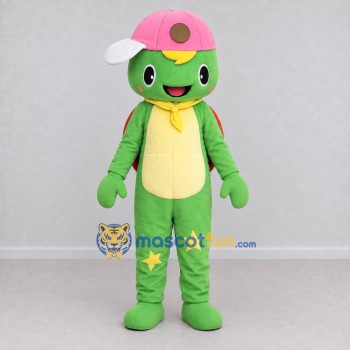 Custom Green and Pink Turtle Character with a Cap Mascot Costume Adult Full Body Suit for School Events Custom Green and Pink Turtle Character with a Cap Mascot Costume Adult Full Body Suit for School Events