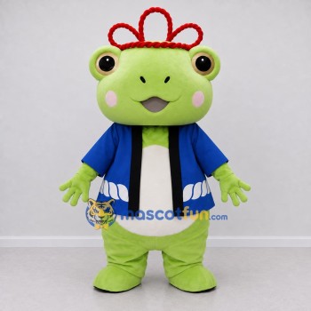 Custom Light Green and Blue Frog Character in a Jacket Mascot Costume Adult Full Body Suit for Theme Parties Custom Light Green and Blue Frog Character in a Jacket Mascot Costume Adult Full Body Suit for Theme Parties