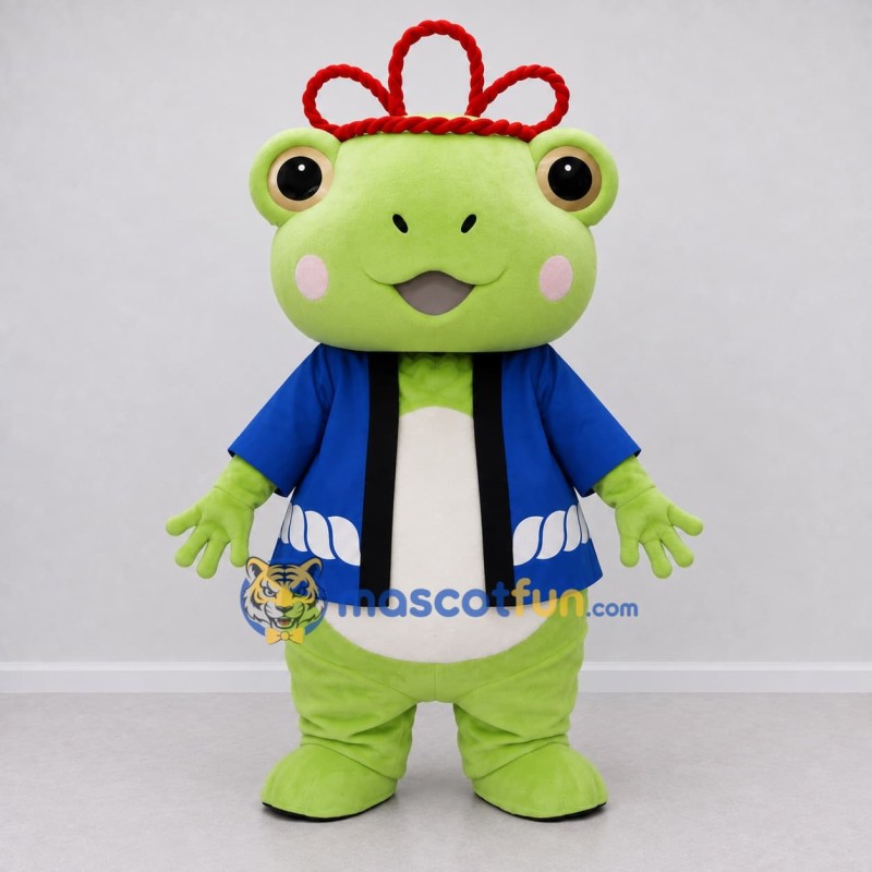Custom Light Green and Blue Frog Character in a Jacket Mascot Costume Adult Full Body Suit for Theme Parties Custom Light Green and Blue Frog Character in a Jacket Mascot Costume Adult Full Body Suit for Theme Parties