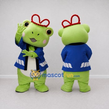 Custom Light Green and Blue Frog Character in a Jacket Mascot Costume Adult Full Body Suit for Theme Parties