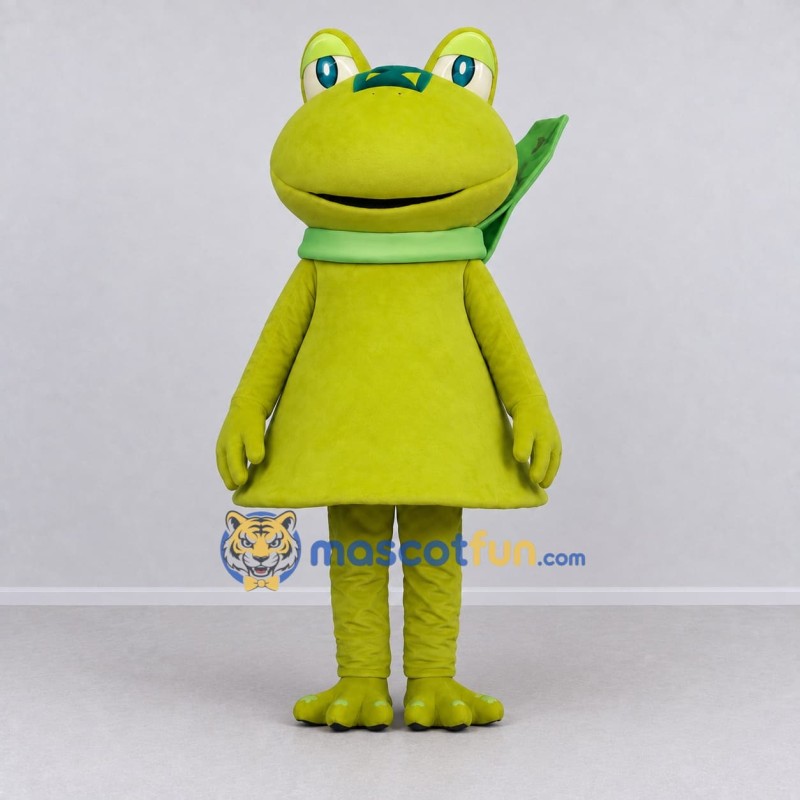 Custom Green and Yellow Frog Character with a Scarf Mascot Costume Adult Full Body Suit for School Events Custom Green and Yellow Frog Character with a Scarf Mascot Costume Adult Full Body Suit for School Events