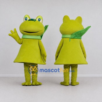 Custom Green and Yellow Frog Character with a Scarf Mascot Costume Adult Full Body Suit for School Events