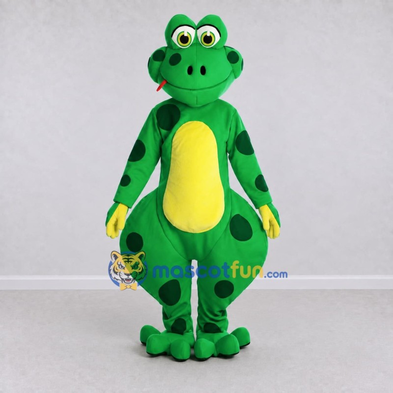 Custom Green and Black Spotted Frog Character Mascot Costume Adult Full Body Suit for School Events Custom Green and Black Spotted Frog Character Mascot Costume Adult Full Body Suit for School Events