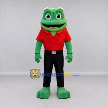Custom Green and Red Frog in a Polo Shirt Mascot Costume Adult Full Body Suit for School Events
