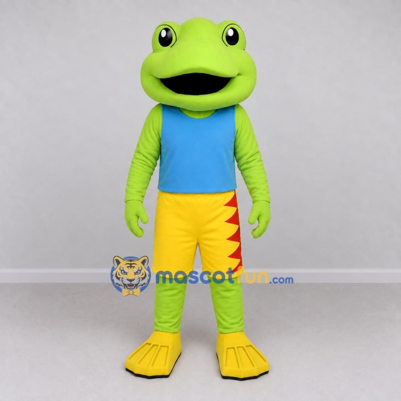Custom Light Green and Blue Frog in Summer Clothes Mascot Costume Adult Full Body Suit for Summer Events Custom Light Green and Blue Frog in Summer Clothes Mascot Costume Adult Full Body Suit for Summer Events