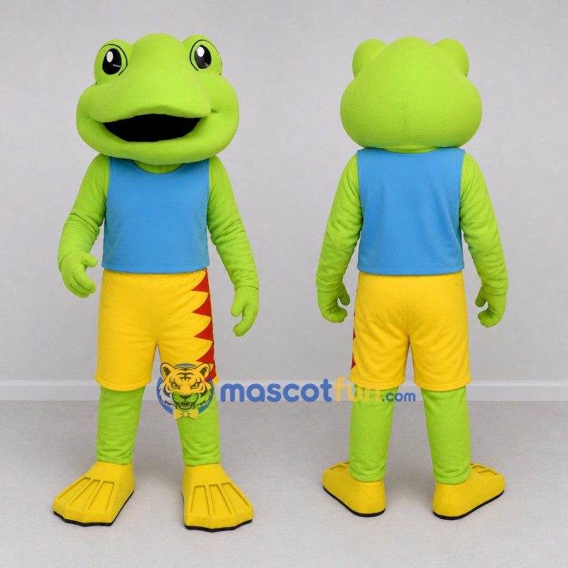 Custom Light Green and Blue Frog in Summer Clothes Mascot Costume Adult Full Body Suit for Summer Events Custom Light Green and Blue Frog in Summer Clothes Mascot Costume Adult Full Body Suit for Summer Events