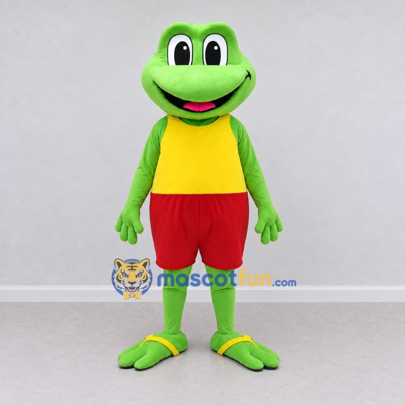 Custom Light Green and Yellow Frog in a Tank Top and Shorts Mascot Costume Adult Full Body Suit for Summer Events Custom Light Green and Yellow Frog in a Tank Top and Shorts Mascot Costume Adult Full Body Suit for Summer Events
