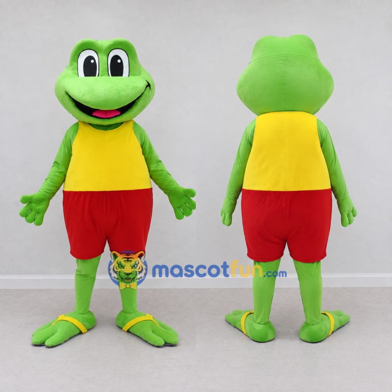 Custom Light Green and Yellow Frog in a Tank Top and Shorts Mascot Costume Adult Full Body Suit for Summer Events Custom Light Green and Yellow Frog in a Tank Top and Shorts Mascot Costume Adult Full Body Suit for Summer Events