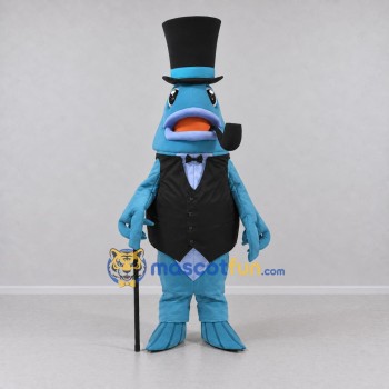 Custom Blue and Black Fish in a Top Hat and Vest Mascot Costume Adult Full Body Suit for Theme Parties Custom Blue and Black Fish in a Top Hat and Vest Mascot Costume Adult Full Body Suit for Theme Parties