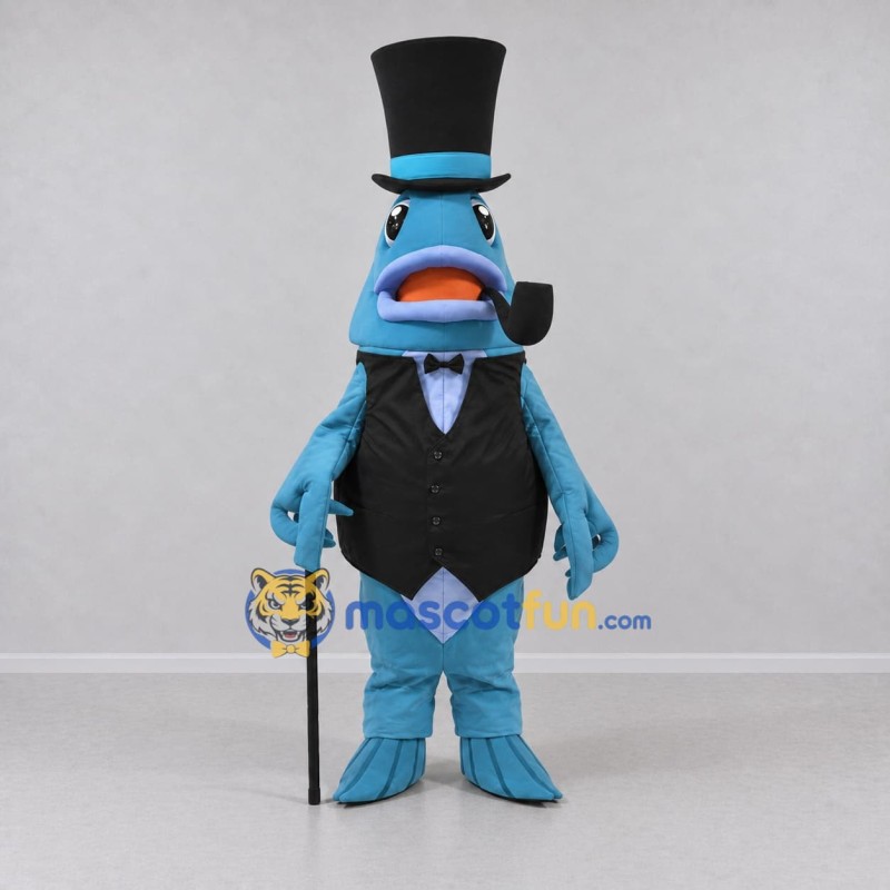 Custom Blue and Black Fish in a Top Hat and Vest Mascot Costume Adult Full Body Suit for Theme Parties